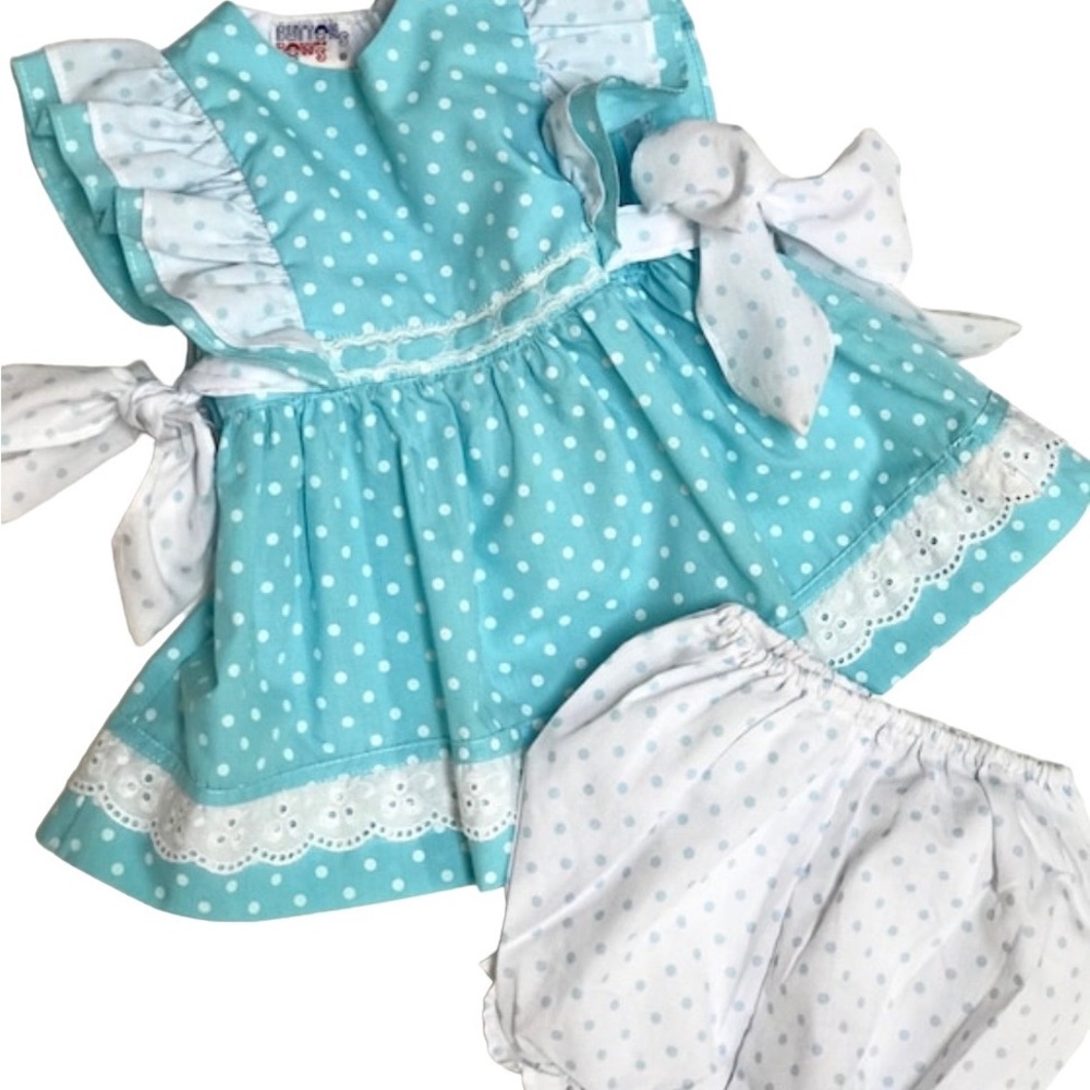 Vtg 90s Baby Dress, Turquoise & White Polka Dot, 24 mths, Dress & Panties Set
